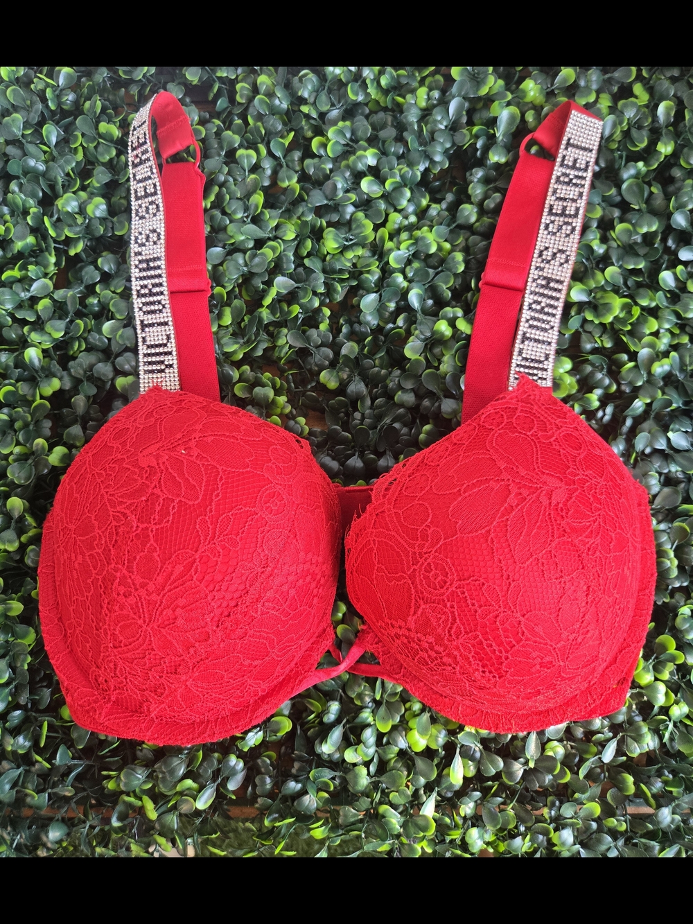 Victoria's Secret Red Lace Push-Up Bra with Embellished Logo Straps